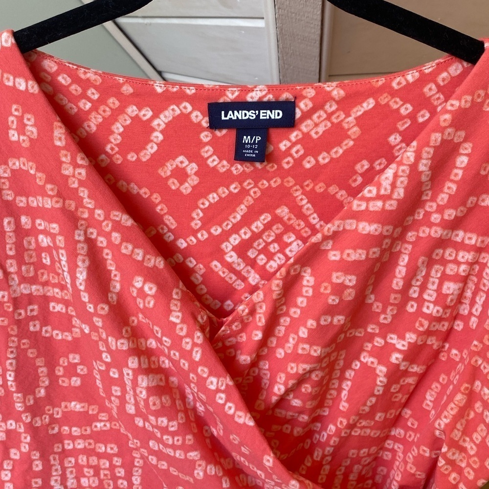 Lands' End | Geometric Stretch Faux Wrap Midi Dress Orange Coral Medium Petite - Picture 2 of 7